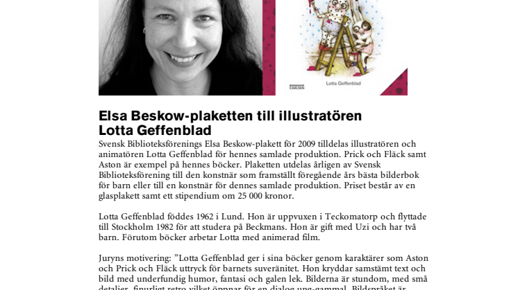 Elsa Beskow-plaketten till illustratören Lotta Geffenblad