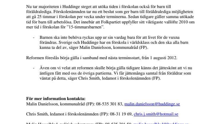 Äntligen utökad tid i förskolan för barn till föräldralediga i Huddinge