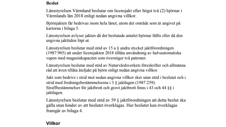 Beslut om licensjakt efter björn i Värmlands län 2018 (PDF)