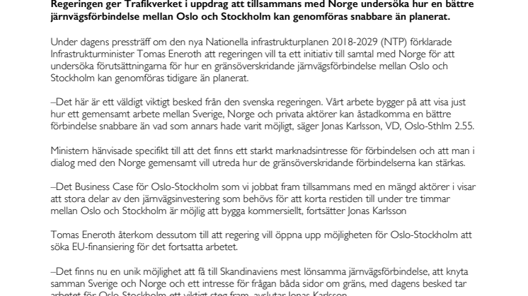 ​Viktigt besked i NTP – Regeringen öppnar upp för dialog med Norge om snabbare genomförande av Oslo-Stockholm