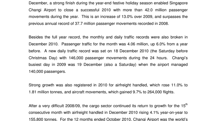 Changi Airport closes 2010 with record 42 million passengers