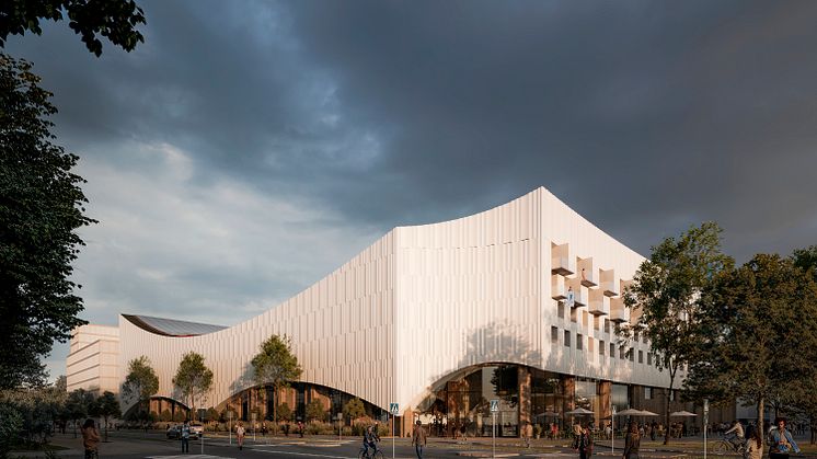 Vy över multisportbyggnaden från nordväst. Foto: Wingårdhs / Skanska
