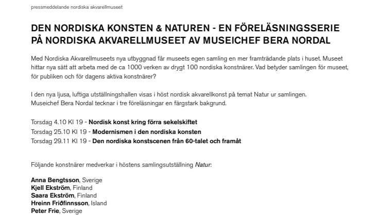 DEN NORDISKA KONSTEN & NATUREN - EN FÖRELÄSNINGSSERIE PÅ NORDISKA AKVARELLMUSEET AV MUSEICHEF BERA NORDAL