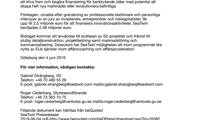 SeaTwirl erhåller 2,48 miljoner euro i bidrag från EU