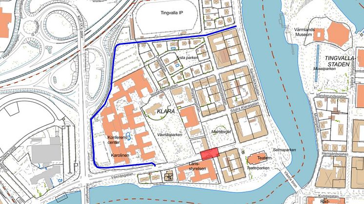 Den röda rutan visar det avstängda området. Blå linje visar den tillfälliga omledningen.