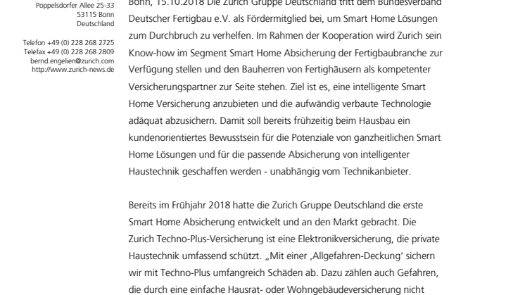 Zurich will Smart Home Technik zum Durchbruch verhelfen und wird Fördermitglied im Bundesverband Deutscher Fertigbau e.V.