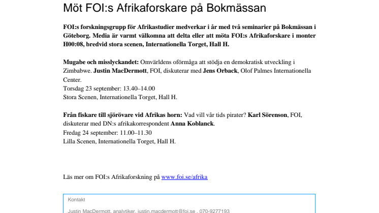 Pressinbjudan: Möt FOI:s Afrikaforskare på Bokmässan