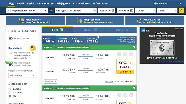 Sökresultat hos Flygresor.se där priset för klimatkompensation visas i den gröna balken.