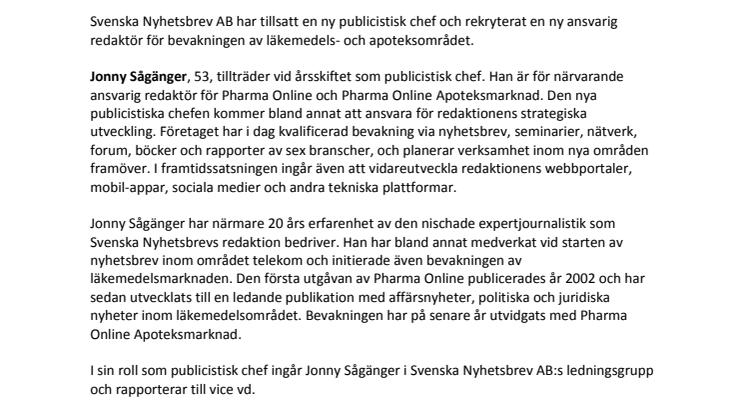 Ny publicistisk chef och ny pharmaredaktör på Svenska Nyhetsbrev 
