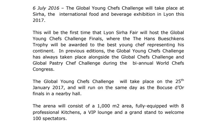 Worldchefs Brings Global Young Chefs Challenge Finals to Sirha, Lyon 2017