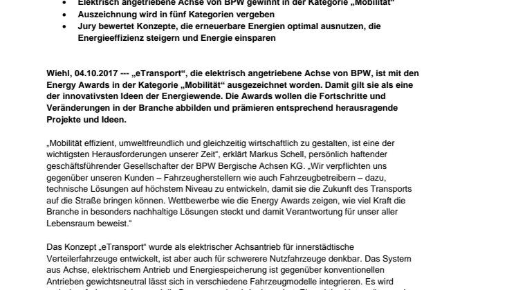Energy Awards würdigen „eTransport“ als hoch innovative Idee für die Energiewende