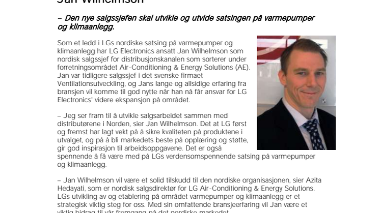 LG Air-Conditioning & Energy Solutions ansetter Jan Wilhelmson