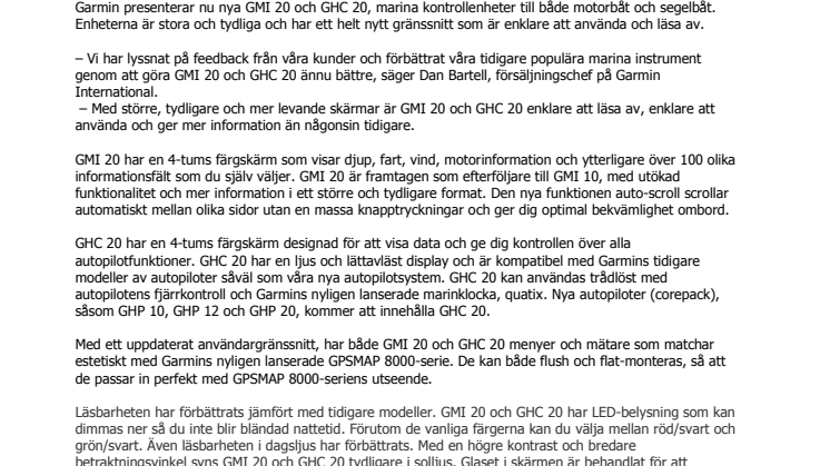 Mer levande och enklare att använda, Garmin® presenterar GMI™ 20 och GHC™ 20