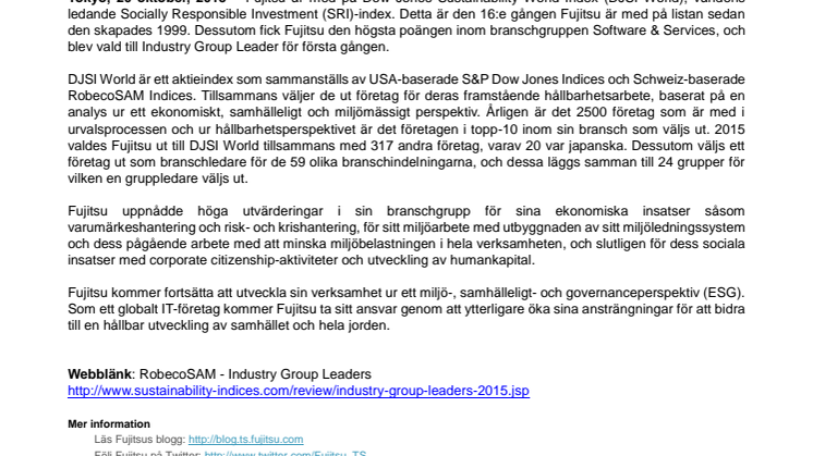 Fujitsu med på Dow Jones Sustainability World Index för 16:e gången