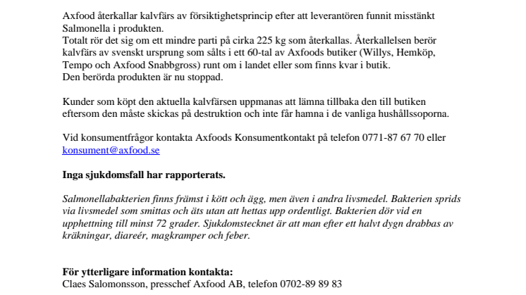 Axfood återkallar 225 kg kalvfärs