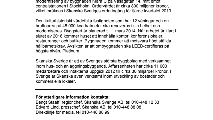 Skanska bygger om Klara C vid Stockholms centralstation för 800 miljoner kronor