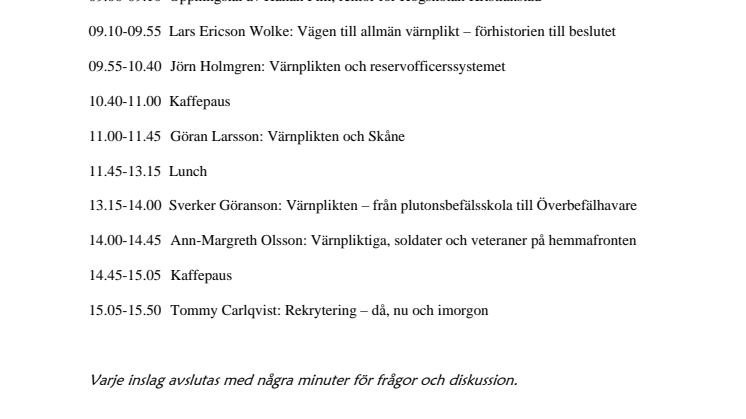 Program för symposium om värnpliktens historia