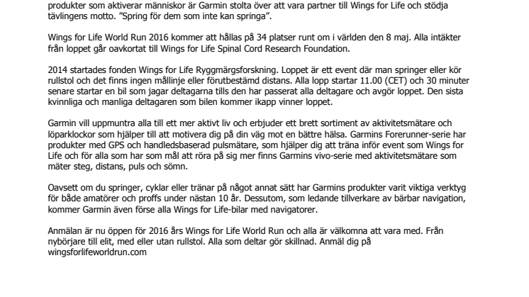 Garmin® fortsätter vara global samarbetspartner till Wings for Life World Run