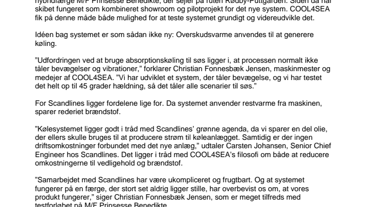 Scandlines og COOL4SEA udvikler nyt innovativt kølesystem