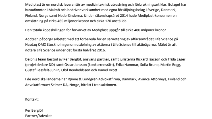 Delphi rådgivare när Addtech förvärvar Mediplast