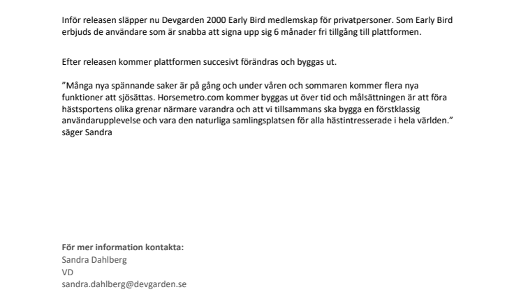 Devgarden släpper early bird medlemskap inför releasen av www.horsemetro.com  