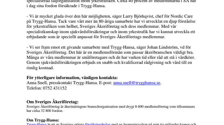 Trygg-Hansa ingår avtal för sjukvårdsförsäkringar med Sveriges Åkeriföretag