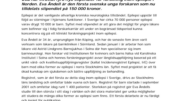 Eva Åndell belönas med stipendium för sin forskning inom epilepsi hos barn 