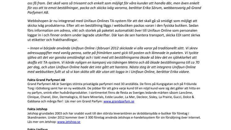 Grand Parfymeri i Göteborg satsar på e-handel med hjälp av Jetshop och Unifaun