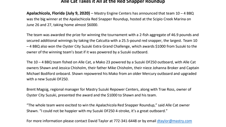 Alle Cat Takes it All at the Red Snapper Roundup