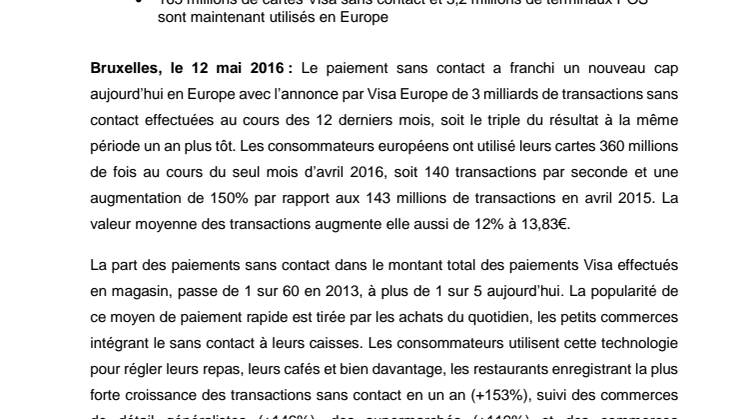 Les Européens plébiscitent le "Touch & Pay" avec 3 milliards de paiements sans contact sur les 12 derniers mois