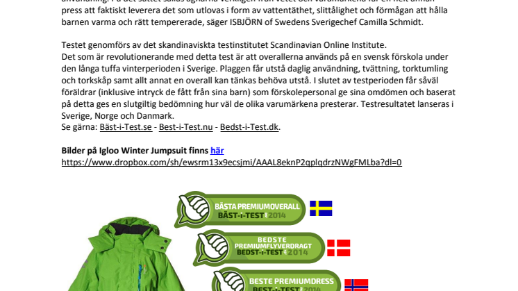 ISBJÖRN of Swedens vinteroverall ”BÄST i TEST”