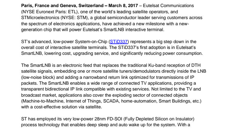 Eutelsat and STMicroelectronics Announce Low-Cost, Low-Power System-on-Chip for Interactive Satellite Terminals