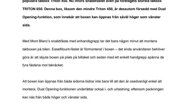 Mont Blanc lanserar snabbfästet EaseMount nu även på sin största takbox TRITON 650