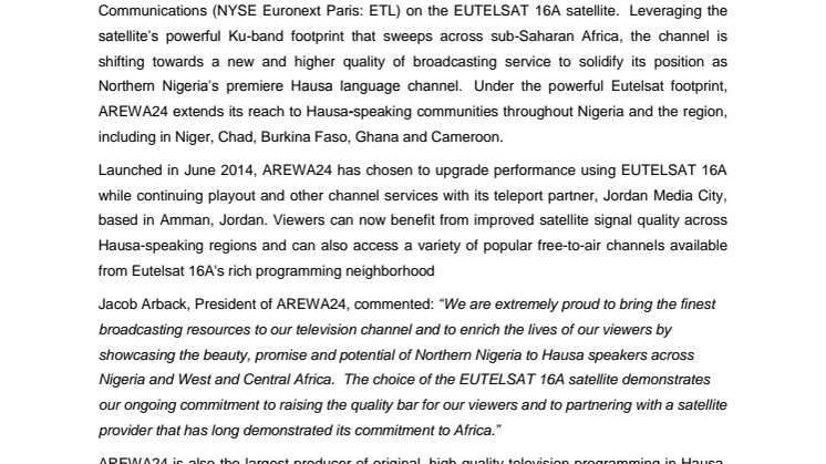 AREWA24 launches on EUTELSAT 16A satellite to expand footprint across Nigeria and surrounding regions
