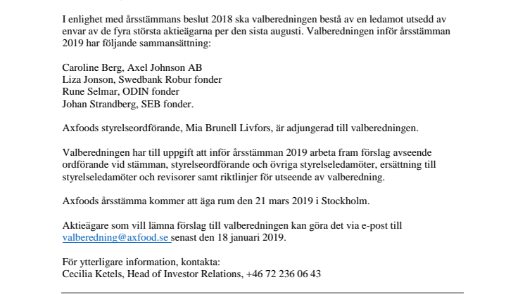 Valberedning inför Axfoods årsstämma 2019