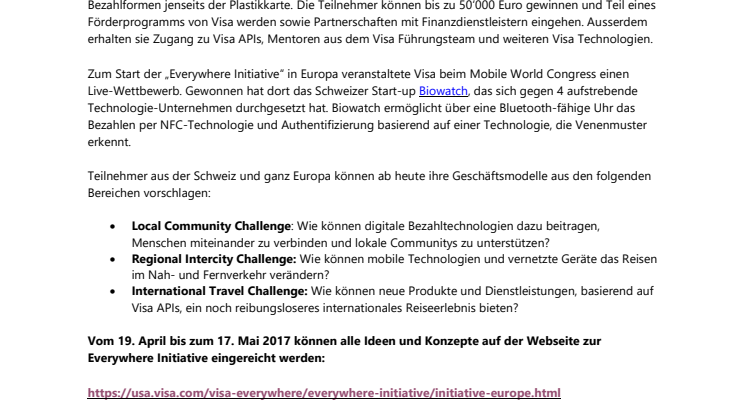 Visa startet europaweiten Wettbewerb „Everywhere Initiative“ für Start-ups 