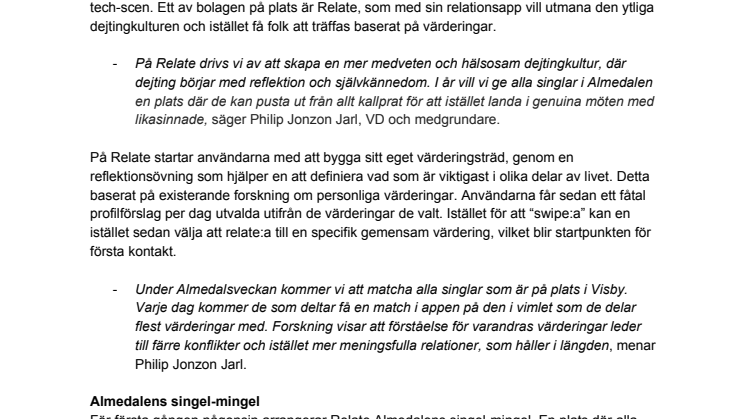 Den svenska startupen Relate bjuder in till Almedalens första Singel-mingel