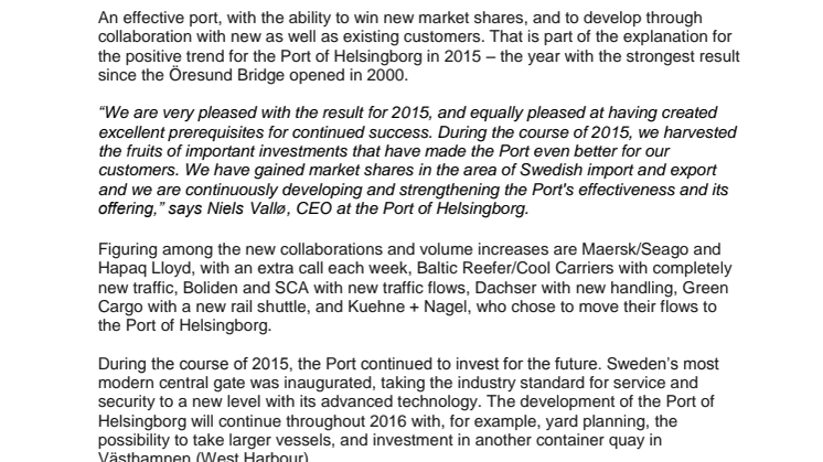 Port of Helsingborg heading for new record year 2015