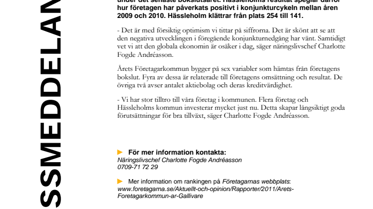 Hässleholm klättrar kraftigt i Företagarnas ranking Årets företagarkommun