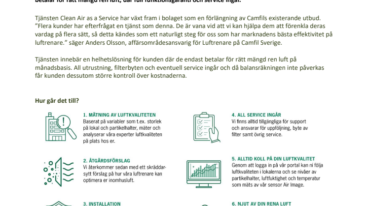 Nu lanserar Camfil tjänsten ”Clean Air as a Service”. 