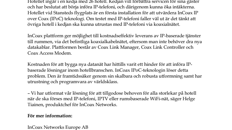 InCoax får order från hotell i Storbritannien