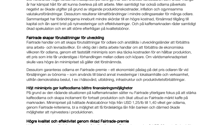Ökat stöd till kaffeodlare - Höjd Fairtrade-premie ger möjligheter till nyinvesteringar i jordbruket