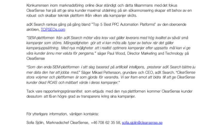 ClearSense och adX Search  – två prisvinnande svenska företag inom sökannonsering i nytt samarbete 
