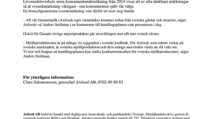 Axfood stödjer ny handlingsplan – svenskmärkning en väg ut ur mjölkkrisen