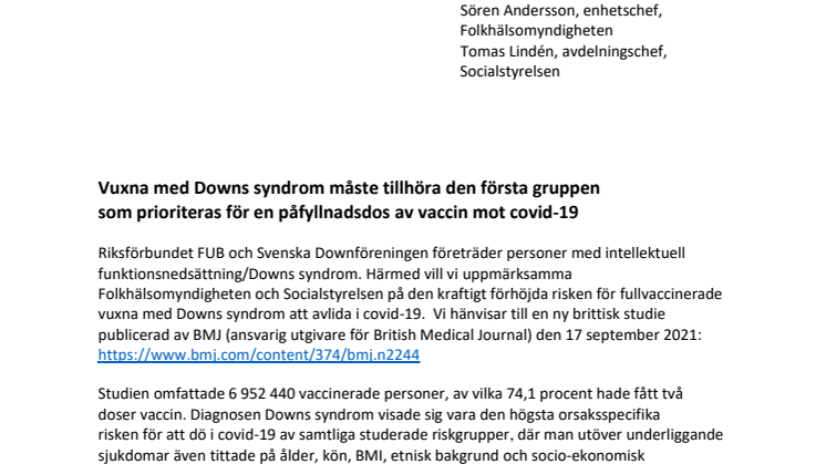 Vuxna med Downs syndrom måste tillhöra den första gruppen som prioriteras för en påfyllnadsdos av vaccin mot covid-19