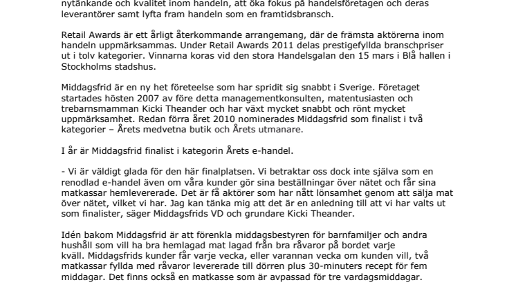 Middagsfrid nominerat som Årets e-handel i Retail Awards 2011