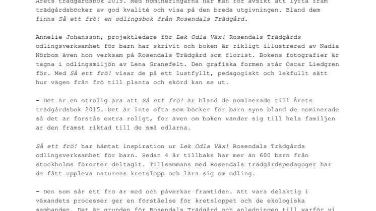 Så ett frö! nominerad till Årets trädgårdsbok 2015