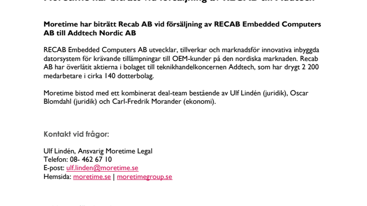 Moretime har biträtt vid försäljning av RECAB till Addtech