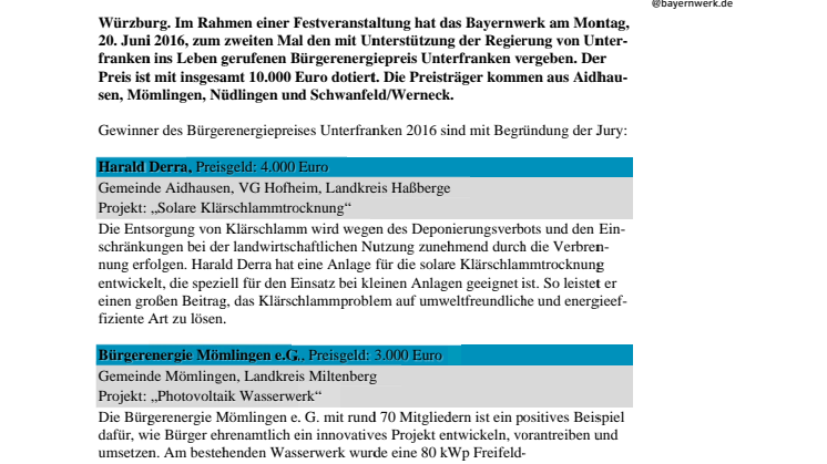 Bürgerenergiepreis Unterfranken 2016 verliehen 