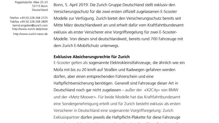 Exklusiver Schutz: Zurich versichert die ersten offiziell zugelassenen E-Scooter Modelle